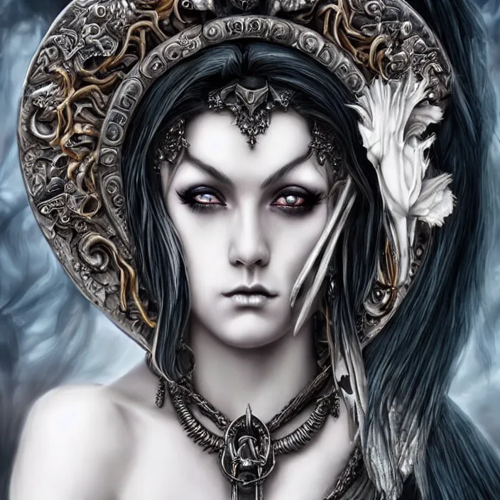 Image similar to perfectly centered portrait, close up, candid photography, goddess of death, by anne stokes, updo, highly detailed