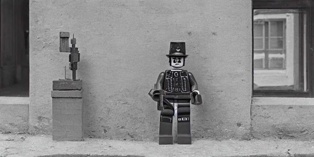 Image similar to ragged lego soldier guarding a bank in french town, military fortifications, 1 9 4 4 kodak 1 2 6 film photo, 5 0 mm lens, f 3. 5, slight light leak on camera