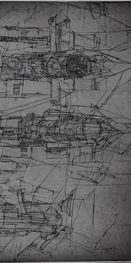 Image similar to Leonardo dav vinci intricate full page scan blueprint of concept art spacecraft, with gun emplacements on grey paper sketch ink style with dark background :: ultra-detailed technical precision :: mixed media with white and silver lines, realistic composition, point of interest at golden ratio, light from right, more darkness on the bottom, monumentally art composition, high quality of sketching with subtle hairlines, highly detailed rounded forms, inside out and outside in, octane render