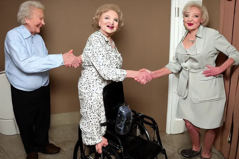 Prompt: betty white shaking hands with a 6 0 0 pound dwarf in the bathroom