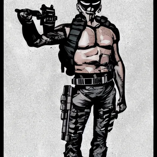 Prompt: muscular man, black vest with no shirt underneath, goggles around his neck, cargo pants, ammo belt, holding a blaster, star wars, long black hair in a ponytail, five o' clock shadow, comic book art, distance shot