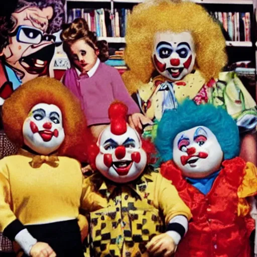 Image similar to garbage pail kids watching a gang of 1950s clown street performers,
