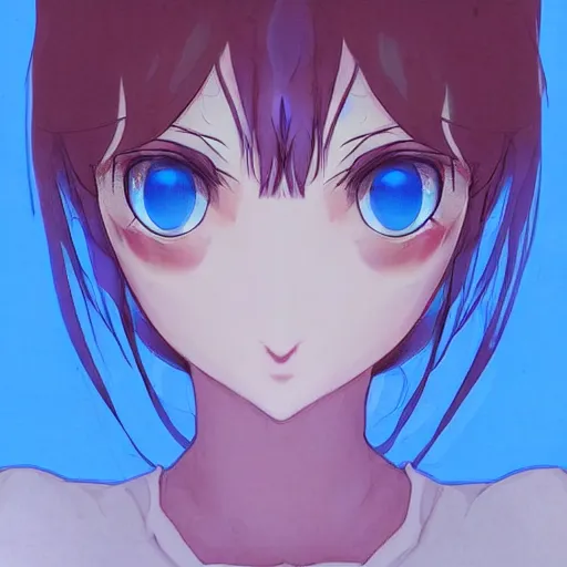 Image similar to ((anime girl)), blue symmetric eyes 24yo, studio, (35mm), soft artistic filter, annie leibowit