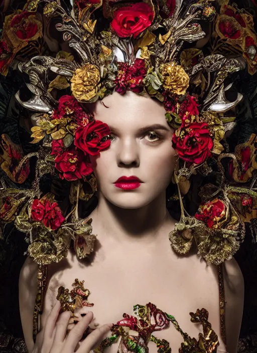 Image similar to full body environmental portrait photo of heart evanglista, ornate headpiece made from flowers, ornaments, glamour shot by gemmy woud - binnendijk, chris knight, photorealistic, canon r 3, fashion photography, ornate, symmetrical features, octane render, unreal engine, solid dark background, clamp shell lighting, rim lighting