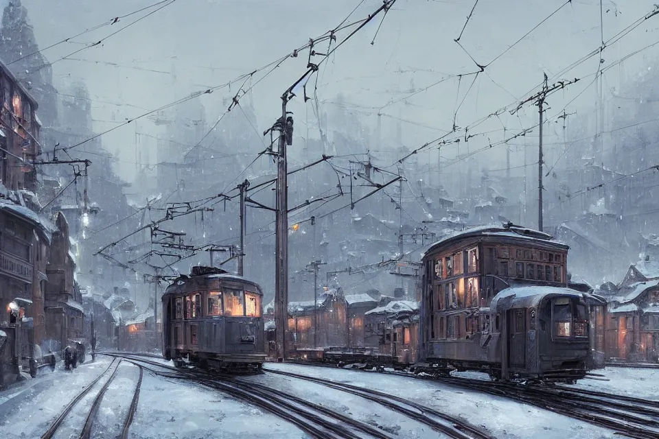 Prompt: highly detailed painting of dieselpunk stockholm, winter, snow, tram on rail tracks, wires, dystopia, by greg rutkowski, by raphael lacoste, 4 k resolution, trending on artstation