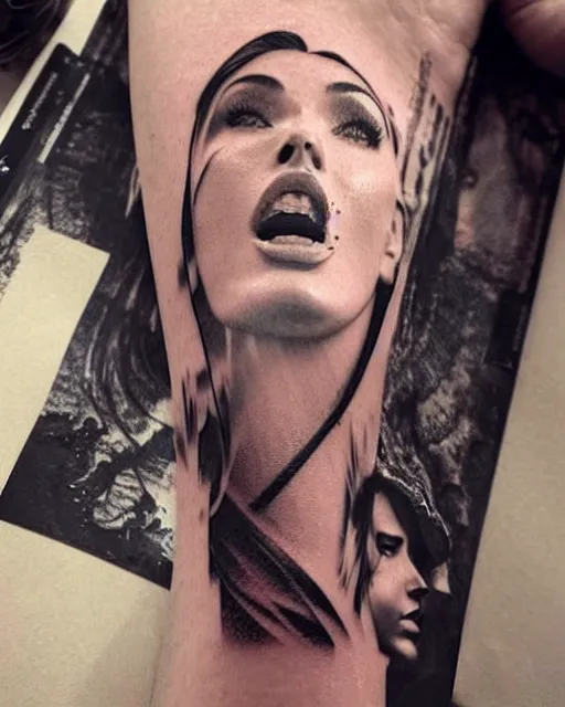 Image similar to double exposure effect tattoo design sketch of megan fox with beautiful mountains, realism tattoo, in the style of den yakovlev, amazing detail, sharp