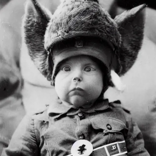 Prompt: close up of a maine coon kitten wearing soldier helmet in the battle, ww 2, black & white