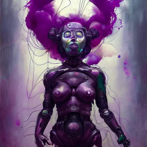 Image similar to pale woman in sci - fi power armor with purple hair, powerful, domineering, stoic, masterful, intense, in the style of adrian ghenie, esao andrews, jenny saville,, surrealism, dark art by james jean, takato yamamoto