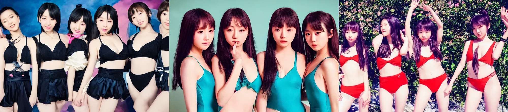 Prompt: unbelievably beautiful, perfect, dynamic, epic, cinematic 8 k hd movie shot, three beautiful cute young j - pop av idols actresses in japanese girl band, posing together in swimsuits. hollywood style, at behance, at netflix, with instagram filters, photoshop, adobe lightroom, adobe after effects, taken with polaroid kodak portra