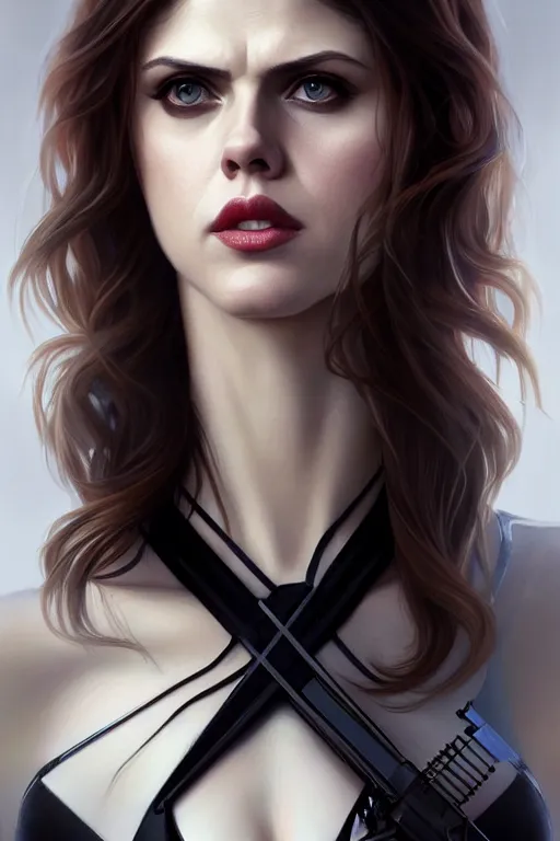 Image similar to alexandra daddario as black widow, realistic portrait, symmetrical, highly detailed, digital painting, artstation, concept art, smooth, sharp focus, illustration, cinematic lighting, art by artgerm and greg rutkowski and alphonse mucha