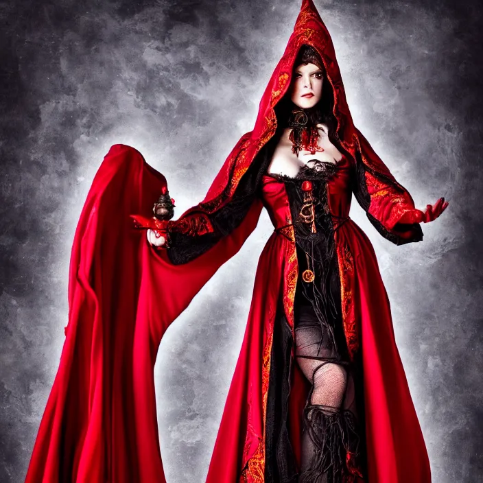 Prompt: full length photo of a very beautiful!! elemental fire witch with ornate red robes, highly detailed, 4 k, hdr, smooth, sharp focus, high resolution, award - winning photo