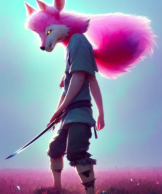 Prompt: a beautiful fullbody portrait of a cute boy with pink hair and pink wolf ears wielding a katana in battle position in a grass field at night barefoot. character design by cory loftis, fenghua zhong, ryohei hase, ismail inceoglu and ruan jia. artstation, volumetric light, detailed, photorealistic, fantasy, rendered in octane