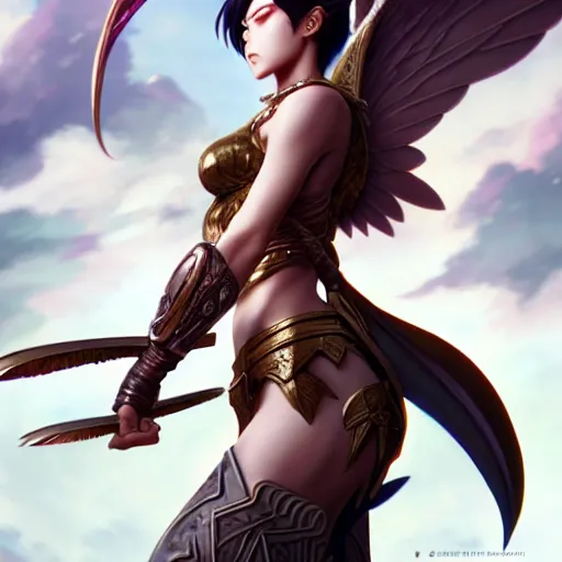 Prompt: 3 / 4 view of a warrior woman with wings, pixie character, video game genshin impact,, intricate, elegant, sharp focus, illustration, highly detailed, concept art, matte, art by wlop and artgerm and greg rutkowski, anime, h 6 4 0