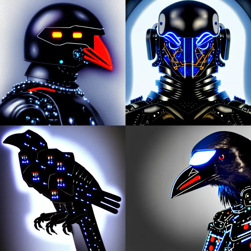 Prompt: crow wearing cybernetic battle armour, portrait, leds, realistic reflections, dramatic lighting