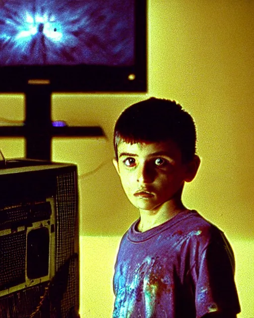 Image similar to an 8 years old enlightened and scared boy standing in front of an old computer from 90s with a game doom2 at the monitor screen. painting by Adrian Ghenie and Willem de Kooning and Cy Twombly, still from a movie by Gaspar Noe and James Cameron