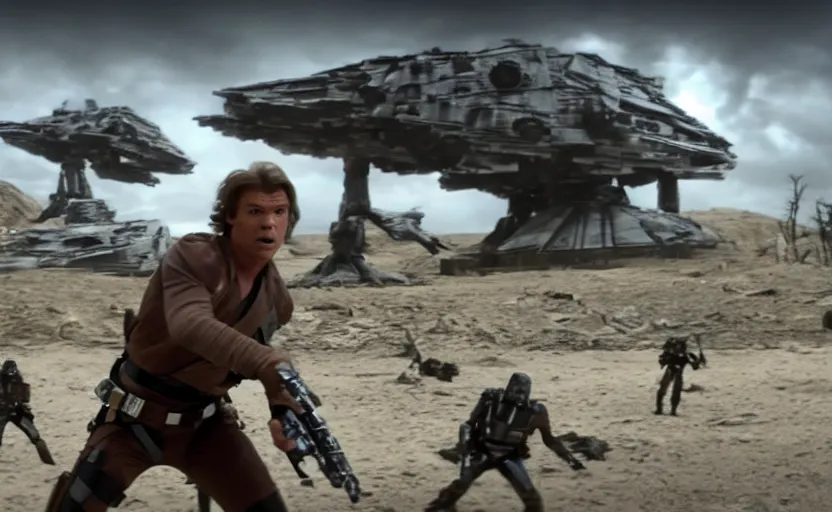 Prompt: still image screenshot portrait of han solo defending wookies on mandalore, from the tv show mandalorian, scene in front of a strange building, moody mining planet, at - at imperial walkers, invading kashyyyk, anamorphic lens