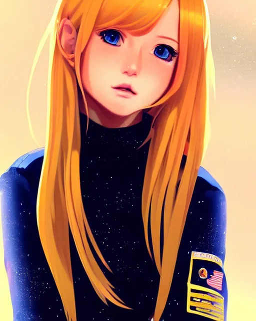 Image similar to portrait Anime freckled blonde space cadet girl Anna Lee Fisher anime cute-fine-face, pretty face, realistic shaded Perfect face, fine details. Anime. realistic shaded lighting by Ilya Kuvshinov Giuseppe Dangelico Pino and Michael Garmash and Rob Rey, IAMAG premiere, aaaa achievement collection, elegant freckles, fabulous