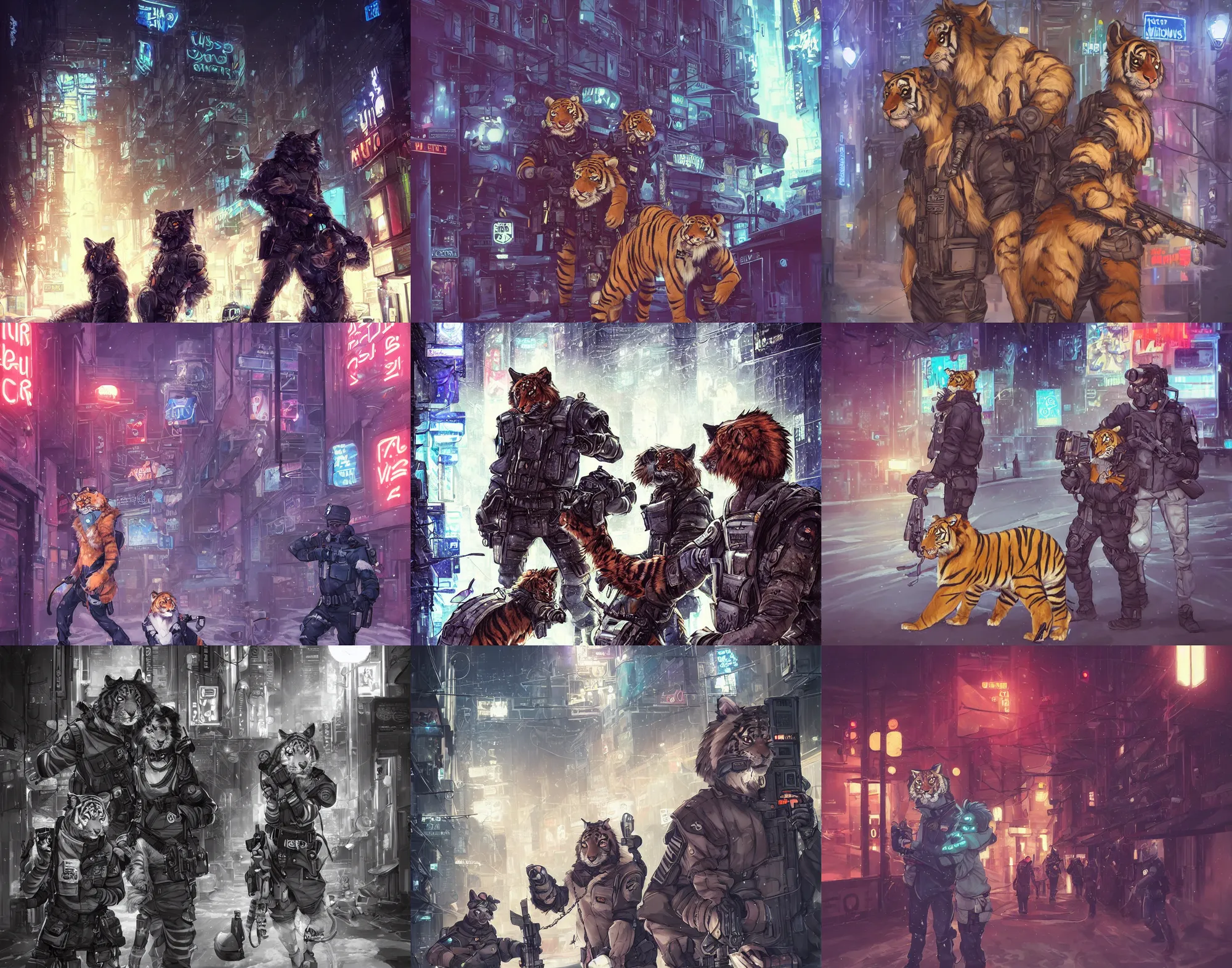 Prompt: beautiful furry art portrait commission of a male furry anthro tiger fursona and a male furry anthro wolf fursona both wearing a tactical swat uniform in the streets of a cyberpunk city at night in the snow. neon signs. character design by charlie bowater, ross tran, artgerm, and makoto shinkai, detailed, inked, western comic book art