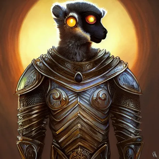 Image similar to lemur in knight armor, sun in the background, intricate, elegant, fantasy, highly detailed, digital painting, artstation, concept art, smooth, sharp focus, illustration, art by artgerm