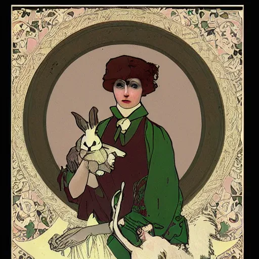 Image similar to an Edwardian woman holding a rabbit, in the style of Mucha