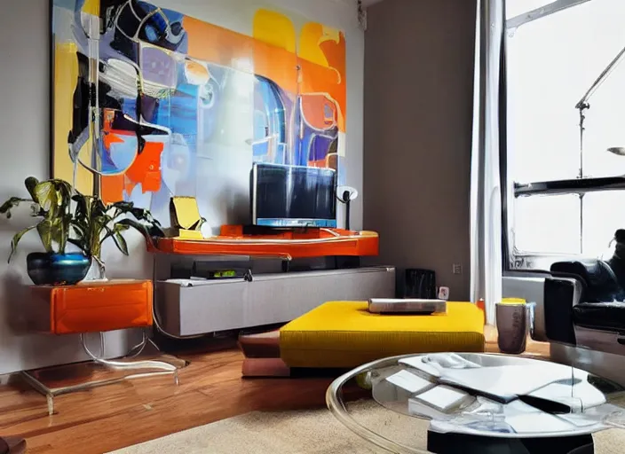 Image similar to retro futuristic apartment, 7 0 s hi fi system, funky furniture, modern art