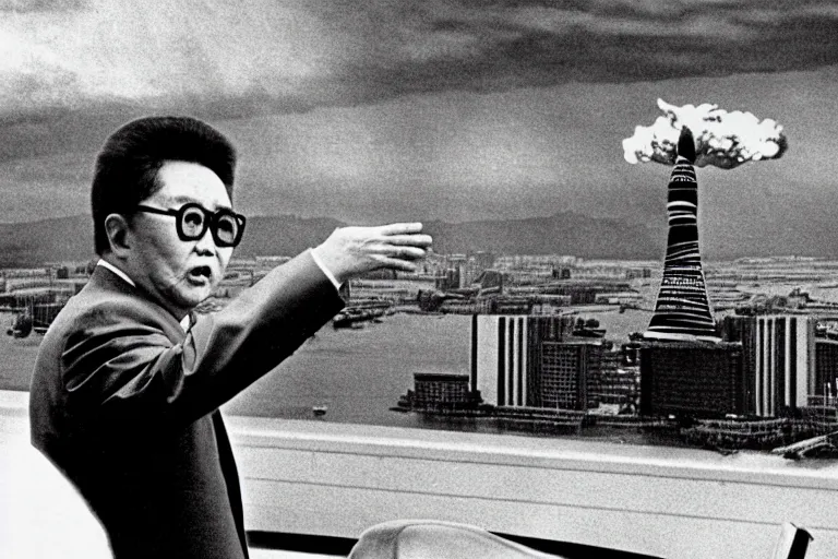Prompt: a filmstill of Kim Jong-il looking at Starro Kaiju monster destroying Pyongyang, in Dr Strangelove by Stanley Kubrick (1964), traditional Korean city, palace, epic ultrawide shot, cinémascope