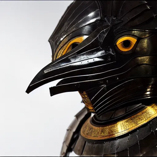 Prompt: A film still of a knight’s armor in a museum. The armor is black with gold accents, it has crows feathers attached as accents. The helmet is in the shape of an ornate crow’s head.