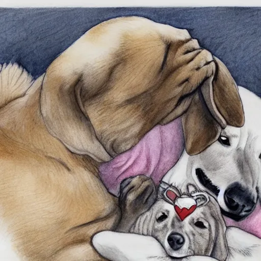 Prompt: detailed pencil and watercolor illustration of a Mommy dog and Daddy dog in love hugging their puppy with all eyes shut