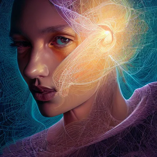 Image similar to beautiful portrait of intelligence of science, spatial space deformation in latent space, math art, astral plane, by artgerm and ( dan mumford ) and gustave dore, vray, cgsociety