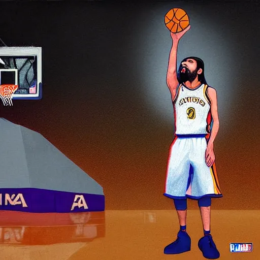 Image similar to nba 2 k video game cover art depicting charles manson shooting free throws, digital painting, digital art