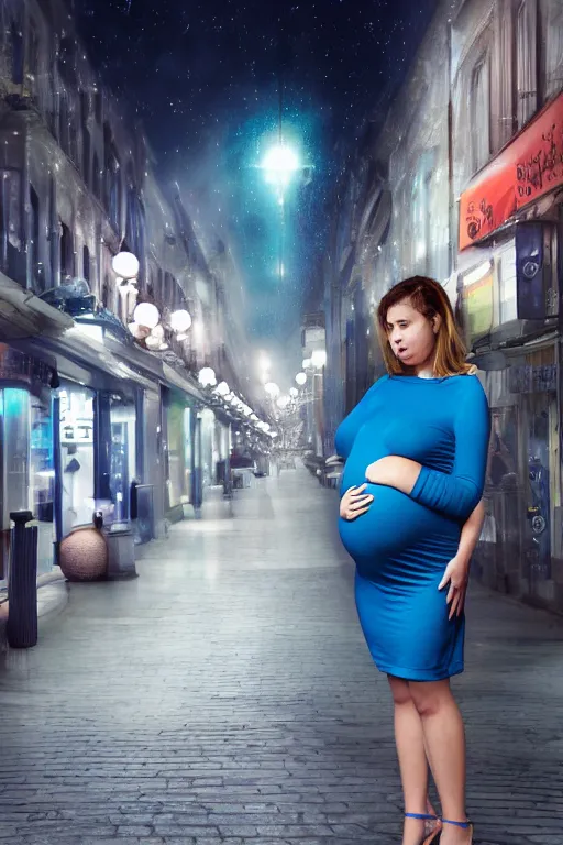 Image similar to pregnant woman in a small blue dress on night street, highly detailed, sharp focused, ultra realistic digital concept art by Edwin Longsden