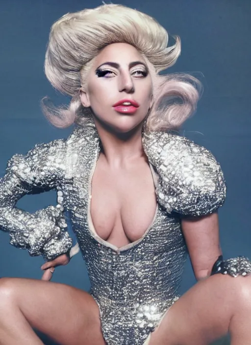 Image similar to lady gaga in a 1 9 8 0 s themed photoshoot, nick knight, annie leibovitz, posing, style, vogue magazine, highly realistic. high resolution. highly detailed. dramatic. 8 k. 4 k.