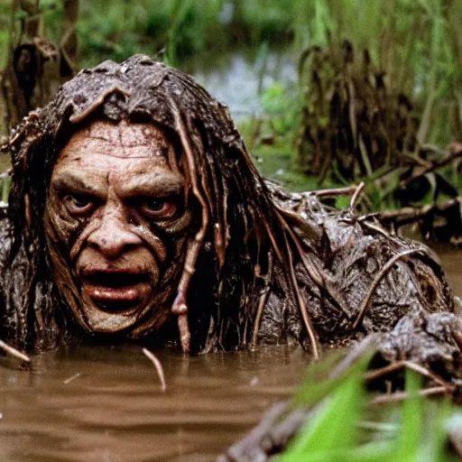 Prompt: film still of viktor orban as major dutch, covered in mud and hiding from the predator predator predator in swamp scene in 1 9 8 7 movie predator, hd, 4 k
