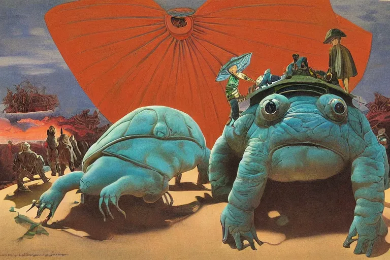 Prompt: a palanquin on top of a giant tardigrade retro japanese monster slimy leather, extra wide, oil painting, 7 0 s vintage art, by georgia o keeffe, by gustave dore, by frank frazetta, nausicaa