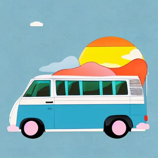 Image similar to beautiful cute cozy very little camper van by the water, sunset, puffy cute clouds, cute simple cartoon, vector, white background, watercolor, 4 colors!!!