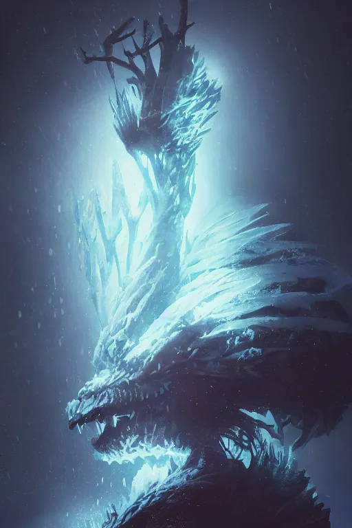 Image similar to A frozen creature by Greg Rutkowski, beeple, Sung Choi, Mitchell Mohrhauser, Maciej Kuciara, Johnson Ting, Maxim Verehin, Peter Konig, final fantasy, macro lens, 35mm, 8k photorealistic, cinematic lighting, HD, high details, dramatic, dark atmosphere, trending on artstation