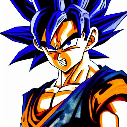 Image similar to Goku Portrait, ultra wide angle, by Yoji Shinkawa and Richard Schmid cinematic dramatic, watercolor effect, highly detailed, Trend on artstation, Digital 2D