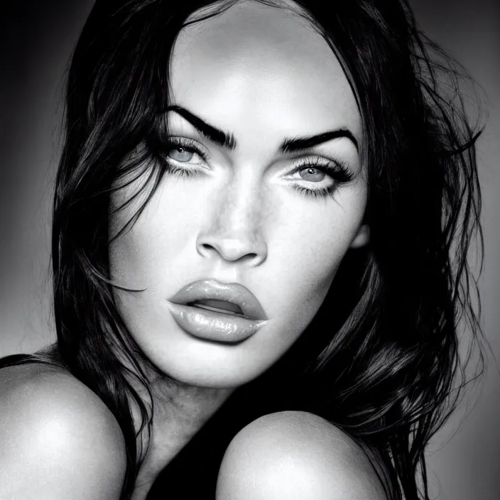Prompt: photography face portrait of a beautiful woman like megan fox, black and white photography portrait, skin grain detail, high fashion, studio lighting film noir style photography, by richard avedon, and paolo roversi, nick knight, hellmut newton, nobuyo araki, on a tropical wallpaper exotic patern background