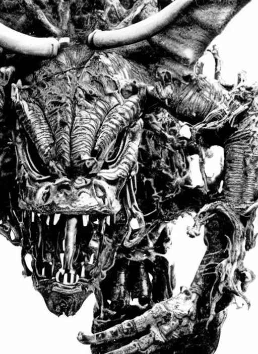 Image similar to horror practical fx of an cyber minotaur being defeated. art by ridley scott and david cronenberg 1 9 7 0