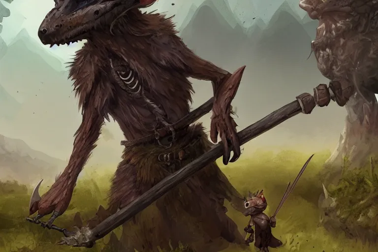 Image similar to a lone d & d kobold, traveling long dirt road, hobo stick over shoulder, fantasy setting, 4 k, super detailed, short draconic humanoid race, digital art