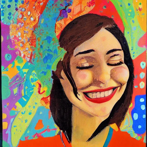 Prompt: representation of a young woman with a happy face in the year 1970 by Aaron Abraham Shikler, an American artist