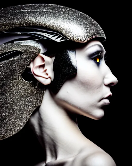 Image similar to a profile portrait, a stunning young woman - cyborg with a mutant crow head, editorial photography, bw, shot on 7 0 mm, depth of field, f / 2. 8, high contrast, 1 6 k, volumetric lighting, shiny, insanely detailed and intricate, hypermaximalist, elegant, ornate, hyper realistic, super detailed