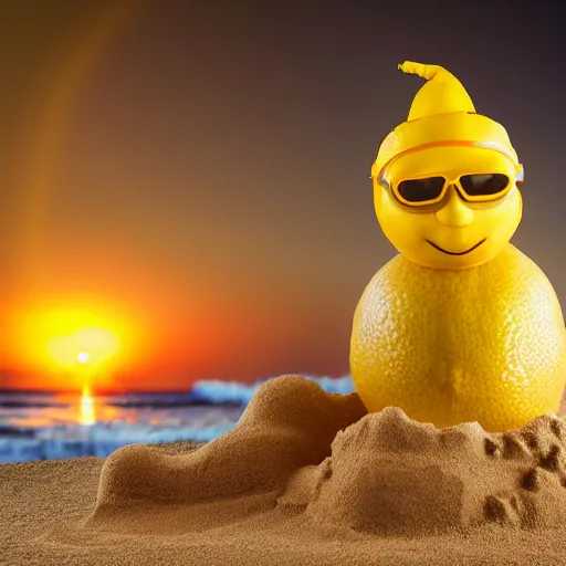 Prompt: 5 0 mm photograph, of a real anthropomorphic lemon character, with lemon skin texture, it is wearing a hat and scuba diving suit, building a sandcastle on the beach at sunset, beach, huge waves, sun, clouds, tropical trees, rim light, cinematic photography, professional, sand, sandcastle, volumetric lightening