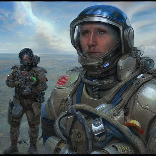 Prompt: intergalactic combat paramedic on a battlefield as a Sci-Fi character, portrait art by Donato Giancola and James Gurney, digital art, trending on artstation