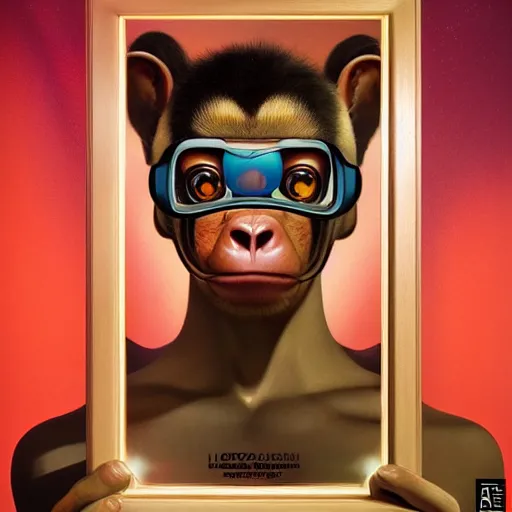 Image similar to lofi monkey in front of a mirror reflecting the expression of a human face, Pixar style by Tristan Eaton Stanley Artgerm and Tom Bagshaw, high detail