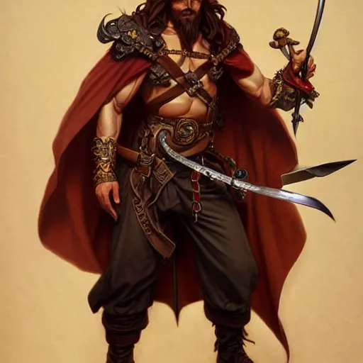 Image similar to full body shot of male pirate, D&D, handsome, amber eyes, muscular, fantasy, intricate, long hair, red hair, elegant, highly detailed, digital painting, artstation, concept art, smooth, sharp focus, illustration, art by artgerm and greg rutkowski and alphonse mucha