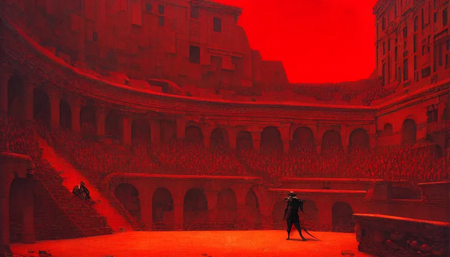 Image similar to only with red, a lightly armored gladiator in a crowded roman amphitheatre, crowd cheering, in the style of beksinski and edward hopper and rodcenko and yue minjun and cory loftis, intricate and epic composition, red by caravaggio, highly detailed, masterpiece, red light, artstation, art nouveau