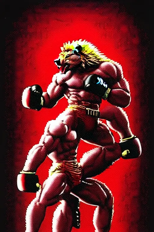 Image similar to extreme long shot. 8 bit nes graphics. 8 0's. vhs artefacts. antropomorphic muscular masculine wolf. kickboxer fighter, in shorts. wolf head. angry. fine details, very sharp, art from nes game cartridge, vaporwave style, marc simonetti and hermann nitsch and anish kapoor.