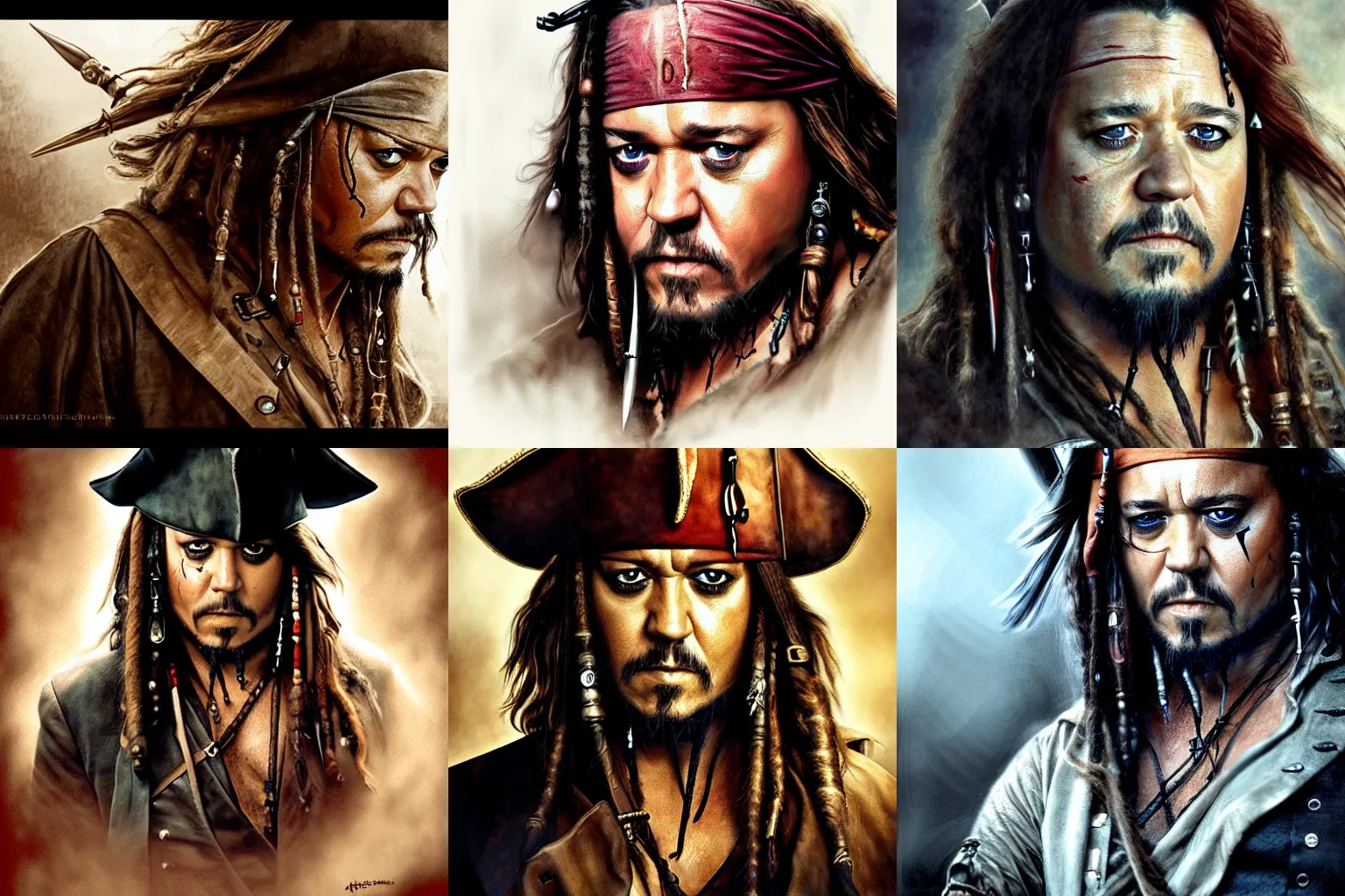 Prompt: russell crowe as captain jack sparrow, digital painting, extremely detailed, 4 k, intricate, brush strokes, mark arian, artgerm, bastien lecouffe - deharme