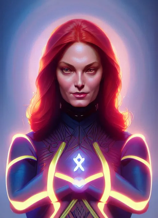 Image similar to symmetry portrait of jean grey from 9 0 s x - men, glowing lights, intricate, elegant, highly detailed, digital painting, artstation, concept art, smooth, sharp focus, illustration, art by artgerm and greg rutkowski and alphonse mucha